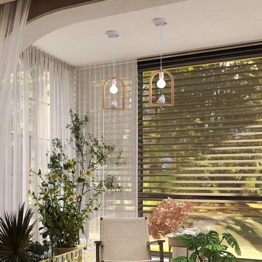 Drewniana lampa wisząca w kształcie klatki dla ptaków, lampa wisząca z bali z kutym żelaznym ptakiem, dekoracyjne lampy wiszące do salonu, oprawka E27