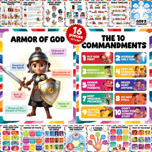 16pcs Bible Posters for Kids, 11x14in Sunday School Decorations for