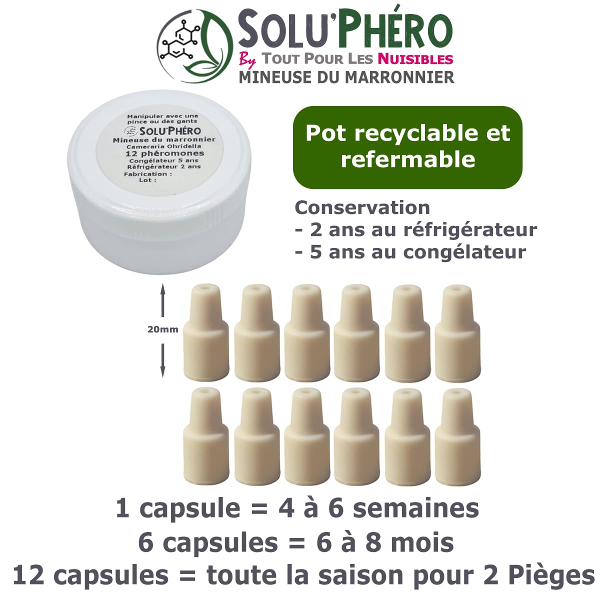 SOLUPHERO - 12 Phéromones Mineuse Marronnier Bio - Efficacité par Capsule de 4 à 6 Semaines - Phéromone Écologique de Contrôle de Cameraria Ohridella