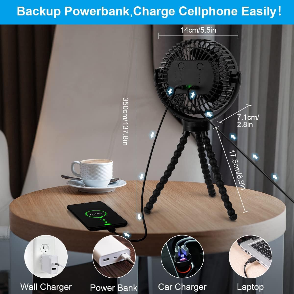 ELZO 12000mAh USB Ventilator Leise Max 60H Arbeitszeit Handventilator 3 Geschwindigkeiten 360° Drehung Black