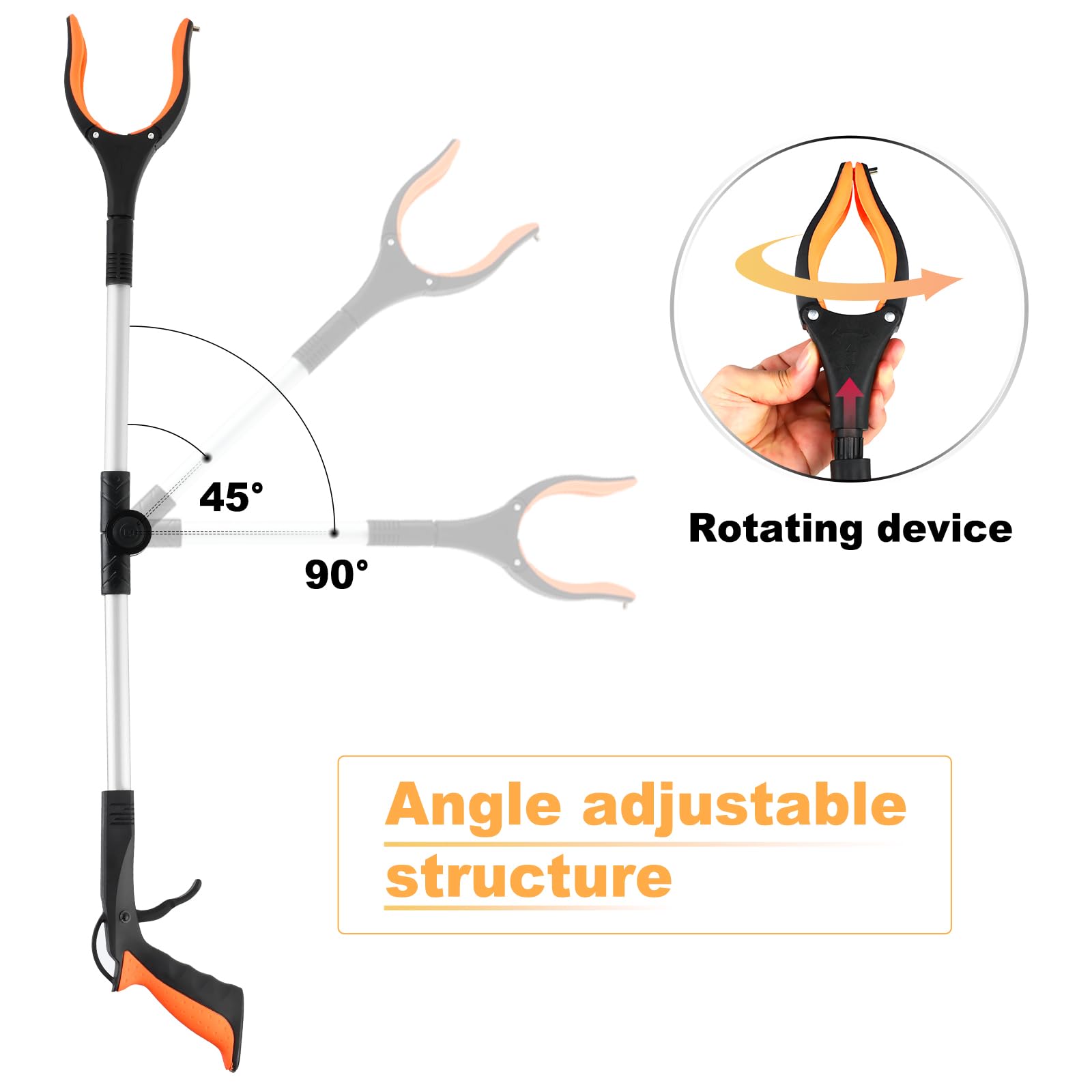 Pince de Ramassage Pliante, pince pour ramasser sans se baisser, 360° Tête pince ramasse objet, Barre avec Extrémité Magnétique pour la Collecte de Déchets et d'Ordures, Longueur de 80 cm(orange)