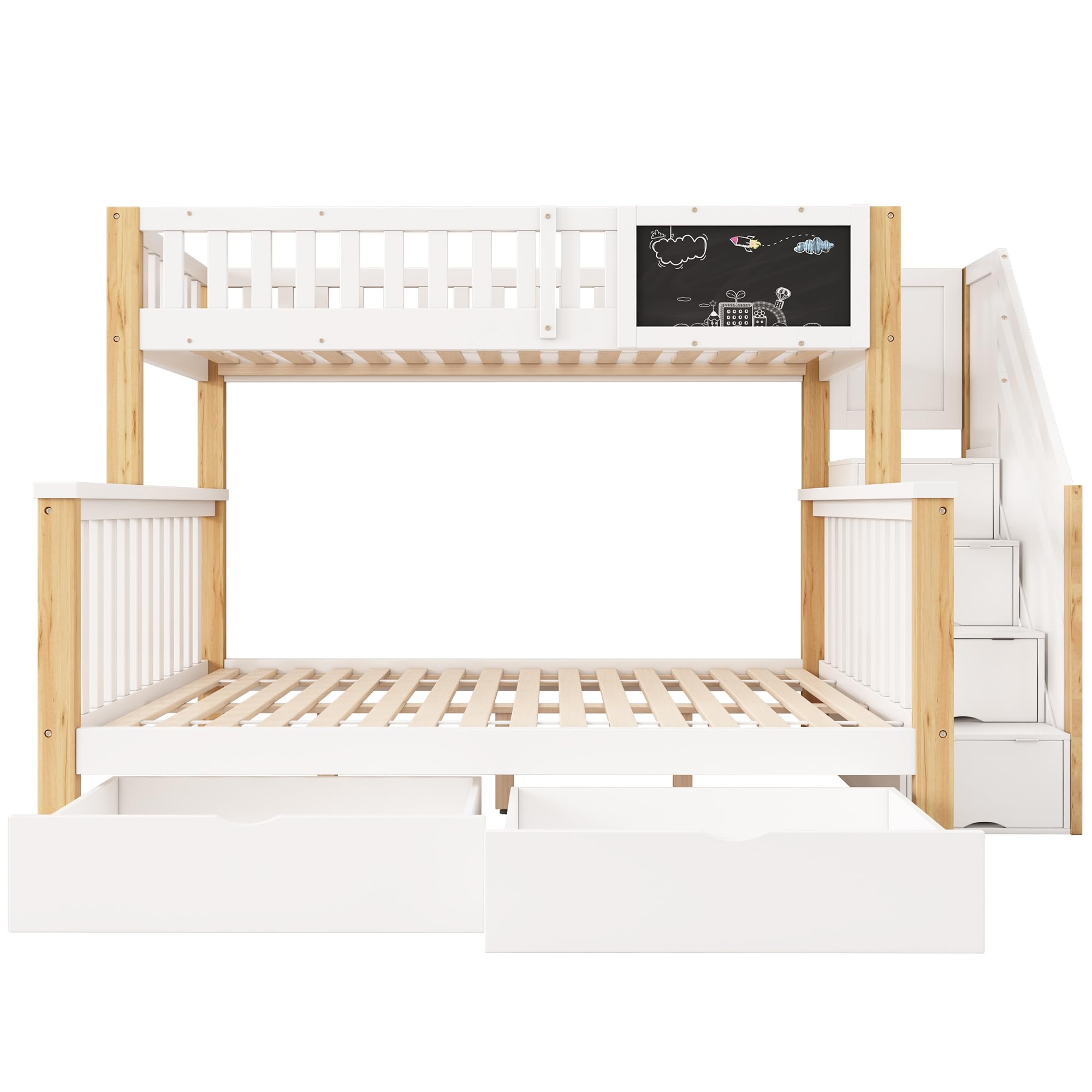 Moimhear Letto a castello per bambini, matrimoniale, multifunzione, con piano e cassetti, 90 x 200 + 140 x 200 cm (bianco + rovere chiaro)