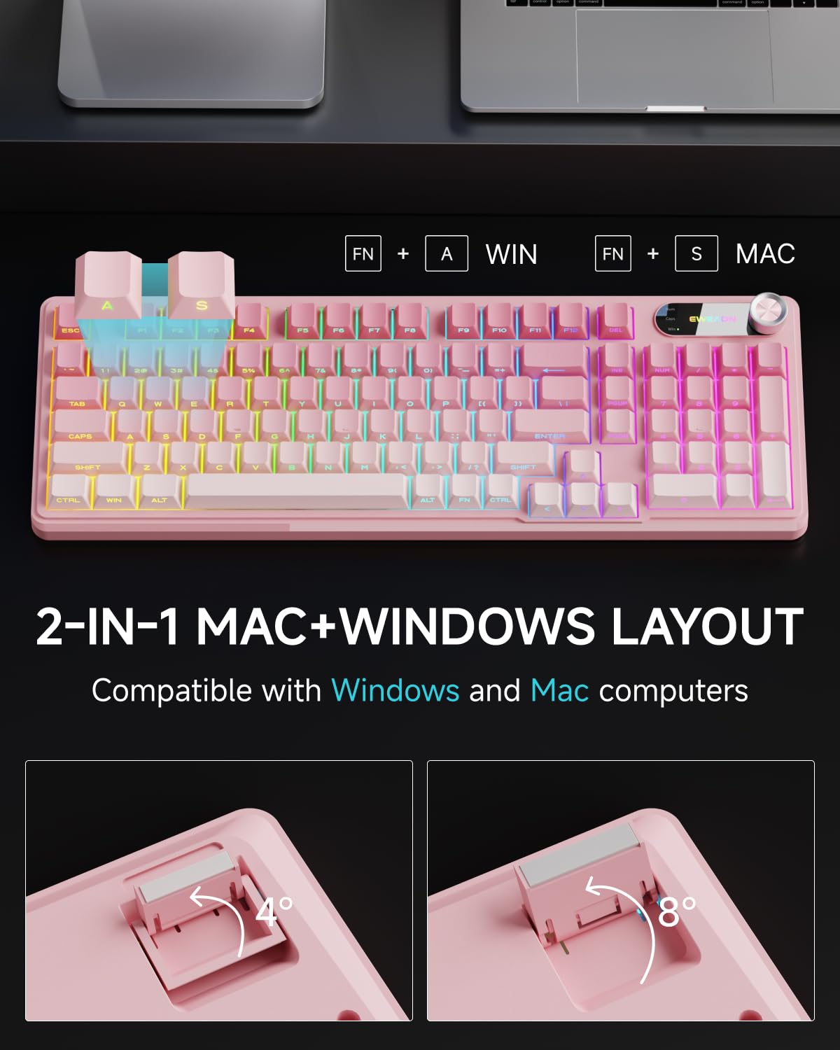 EWEADN Tastiera cablata V102, 98 tasti, tastiera da gioco cremosa con tastierino numerico, schermo display e manopola multimediale RGB silenziosa tastiera per computer portatile PC gamer - rosa