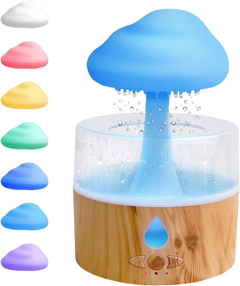 Rain Cloud Humidifier, Rain Humidifierrain Humidifier Water Drip, Water Drip Rain Sounds for Sleeping, Mushroom Waterfall Lamp, Desk Humidifiers for Office (wood)