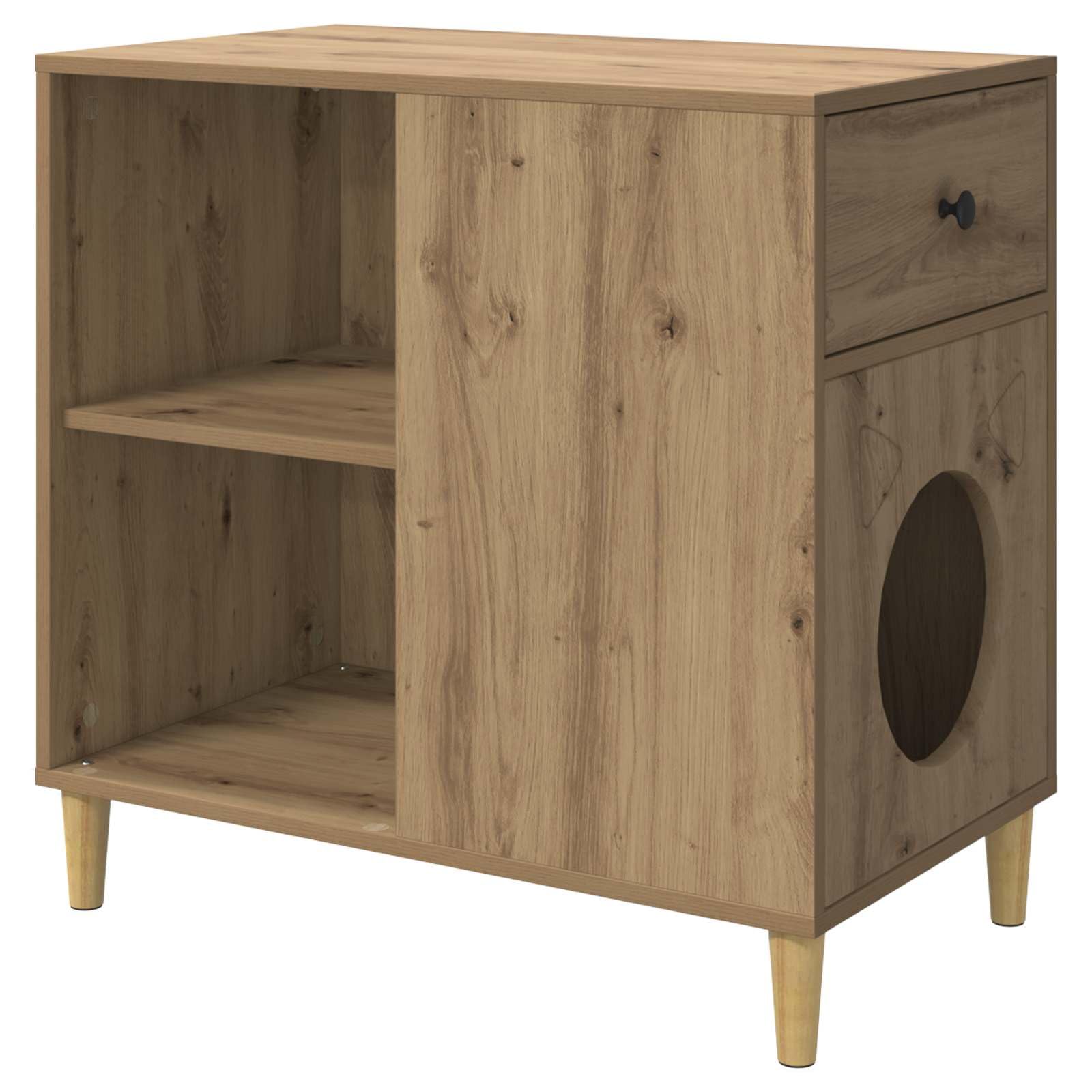 Moderna casa para gatos de madera de roble, 72 x 42,5 x 70 cm, con accesorios de montaje, elegante refugio y rascador de repuesto para salón, robusta casa de dormir para gatos