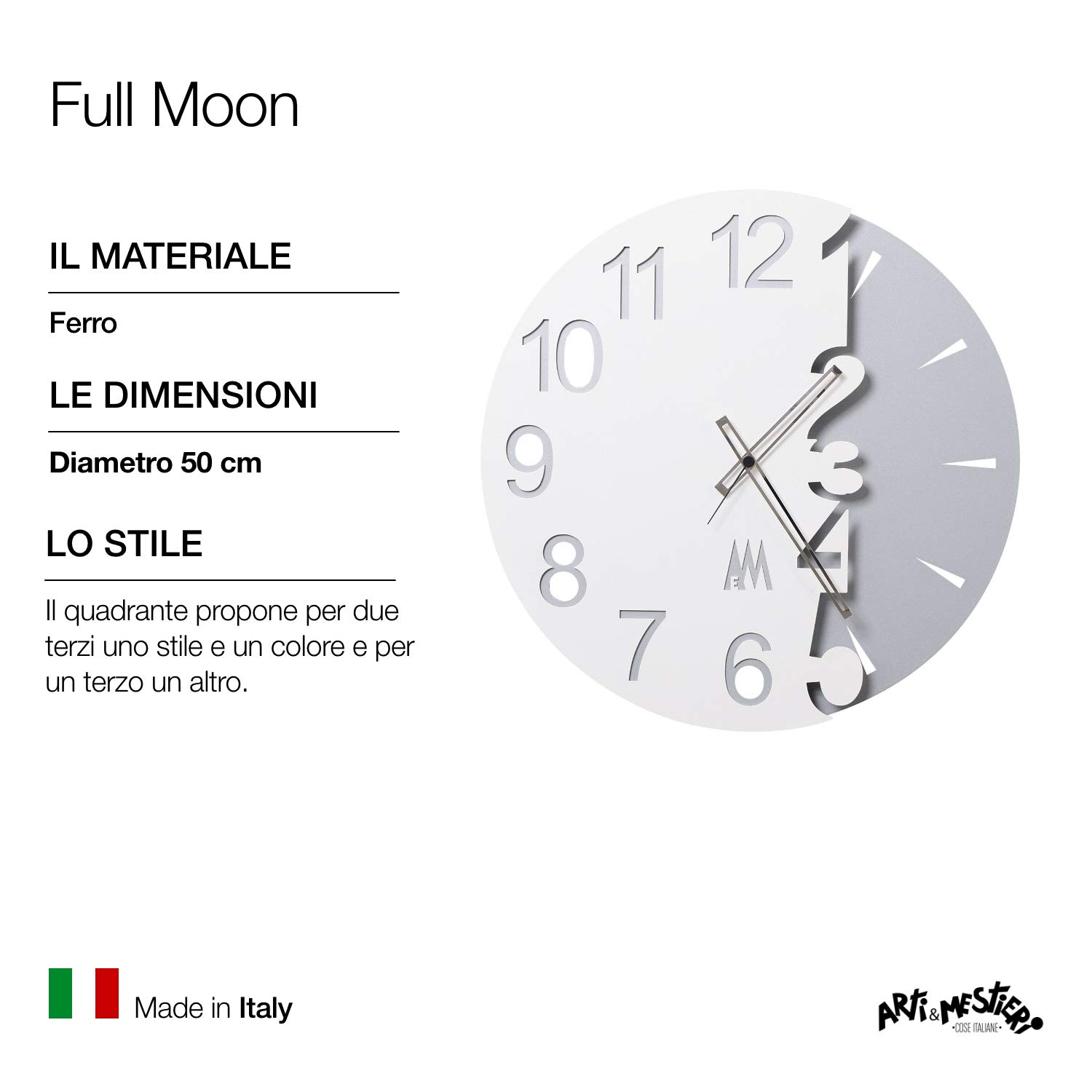 Arti & Mestieri Full Moon - Orologio da Parete di Design 100% Made in Italy - in Ferro, Diametro 50 cm - Bianco Neve