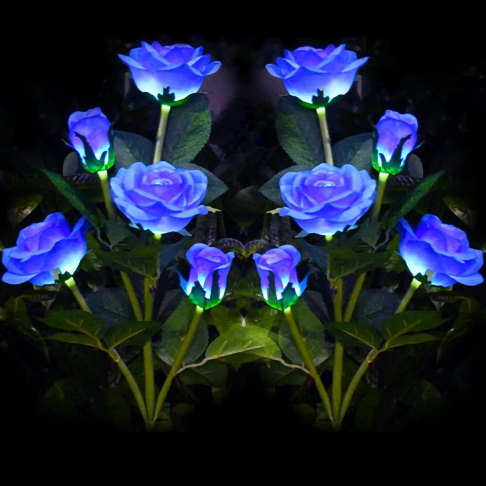 Outdoor Realistic Solar Powered Rose Flower Lights Stake,2 Pack 10 Rose Solar Garden Decorative Waterproof Lights for Backyard Patio Pathway Xmas Decoration-Blue