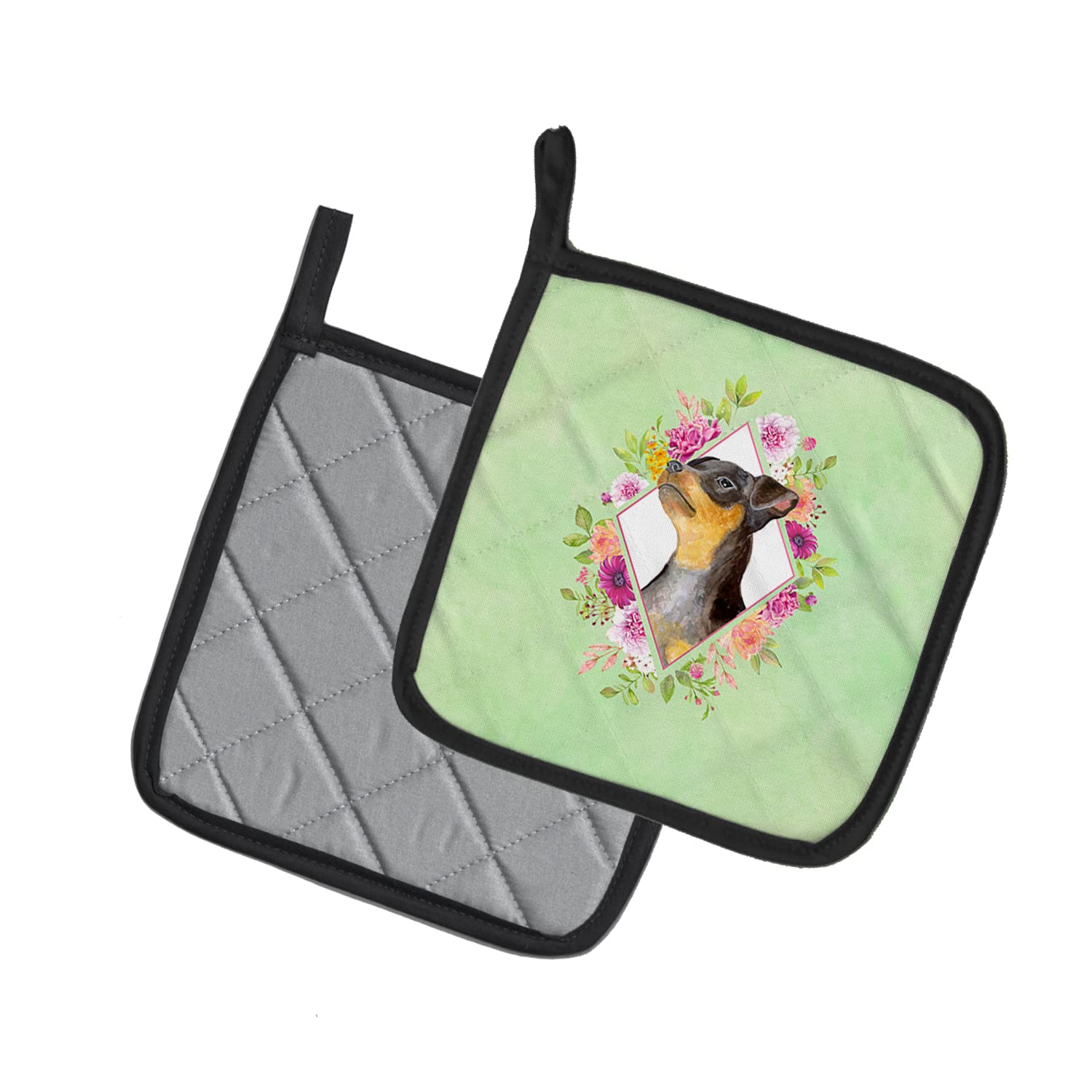 Caroline's Treasures CK4356PTHD Topflappen, Schwarz, Miniaturpinscher, grüne Blumen, 1 Paar Topflappen, 7,5 HX7,5 W, Mehrfarbig