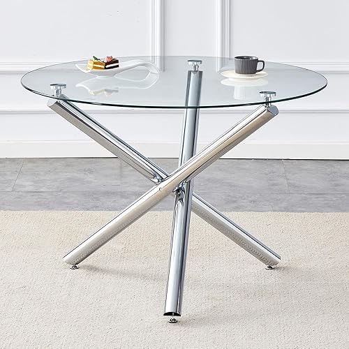 Miniatura 51 de Mesa redonda de comedor de vidrio para 2 a 4, moderna mesa superior de vidrio templado, patas cromadas resistentes, almohadillas ajustables, mesa de
