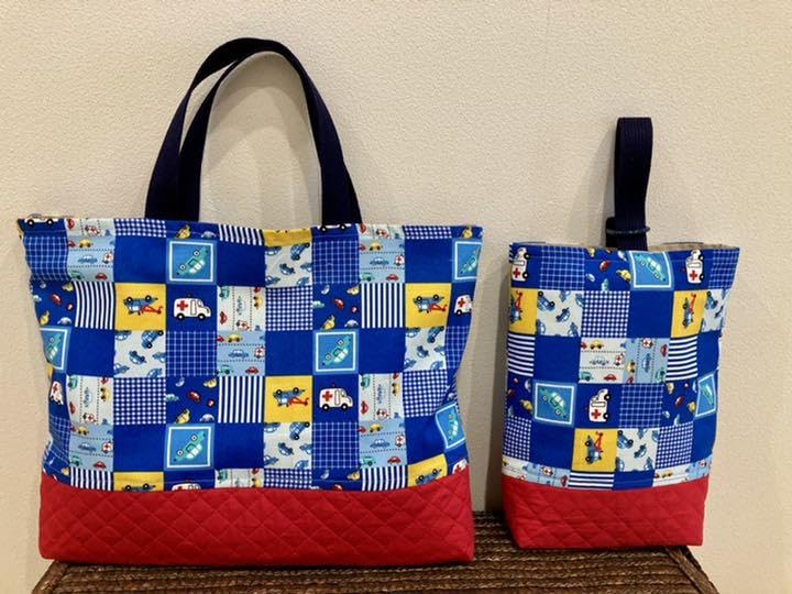 ④入園準備レッスンバッグ上履き袋おまけ付き働く車乗り物柄 - 製品詳細