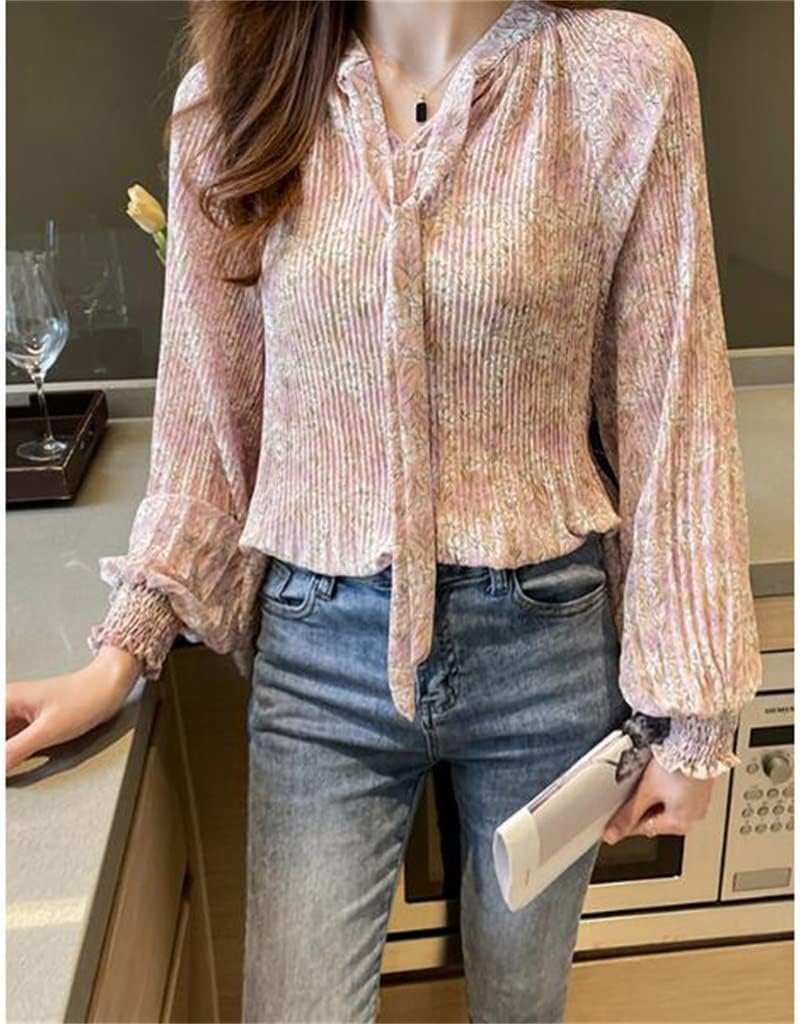 今年の新作から定番まで Thick 夏の女子シフォンブラウスレディースシャツ長袖プリーツシャツのトップス Color A Size L Code Applepress Ca