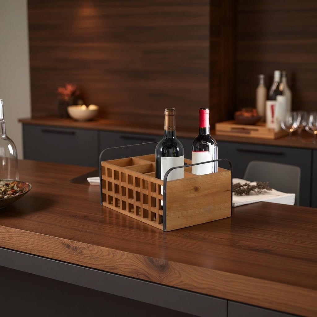 Farmhouse 6 Bottle Wood Wine Racks Countertop with Metal Handles, 9 X 13 Inch Handmade Small Rustic Wooden Crates for Display, Bottle Holder Decorative for Kitchen, Gifts for Wine Lovers