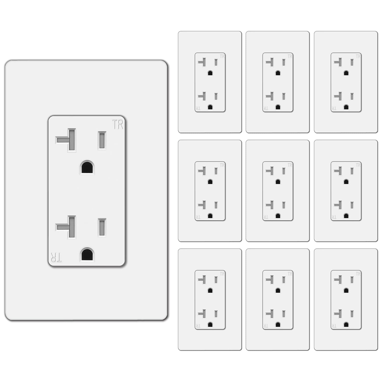 BESTTEN 10 Pack 20 Amp Receptacle Outlet with Tamper Resistant, Screwless Wallplate Included, 20A/125V/2500W, UL Listed, White