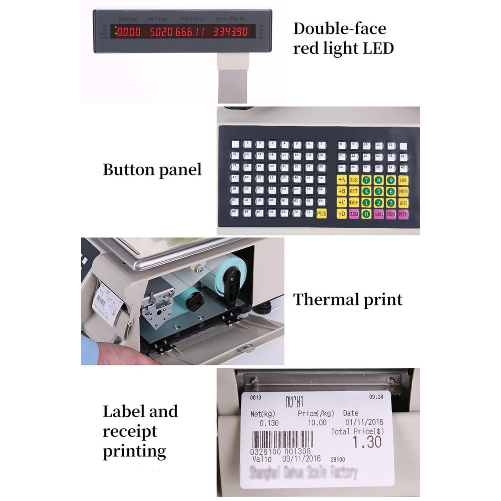 Balance numérique de calcul des prix, balance électronique de codes-barres avec affichage LED double face, impression d'étiquettes thermiques et de reçus pour les marchés alimentaires, viandes