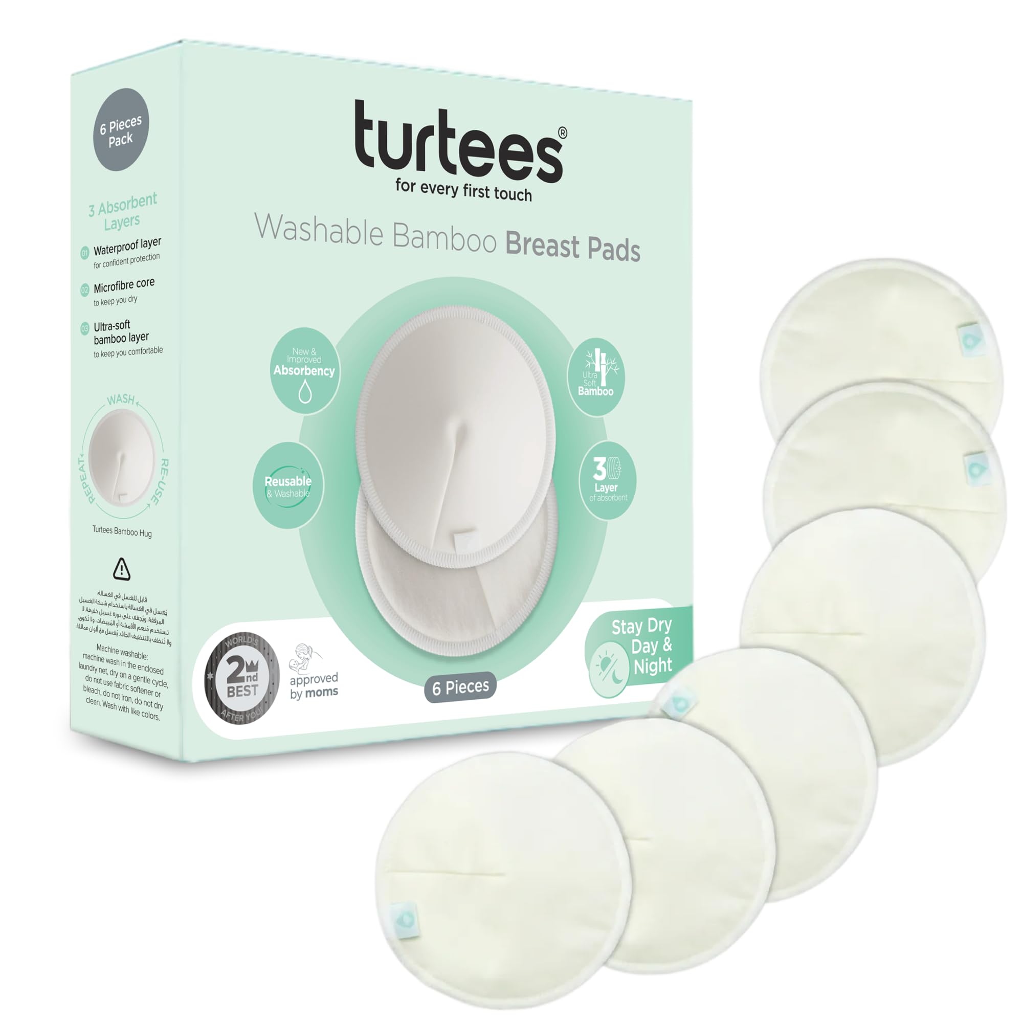 Turtees Reusable Nursing Pads 6 Pack - Bamboo Breast Pads, Washable Leak-Proof Absorbent Nursing Pads for Breastfeeding, Eco-Friendly with Laundry Bag