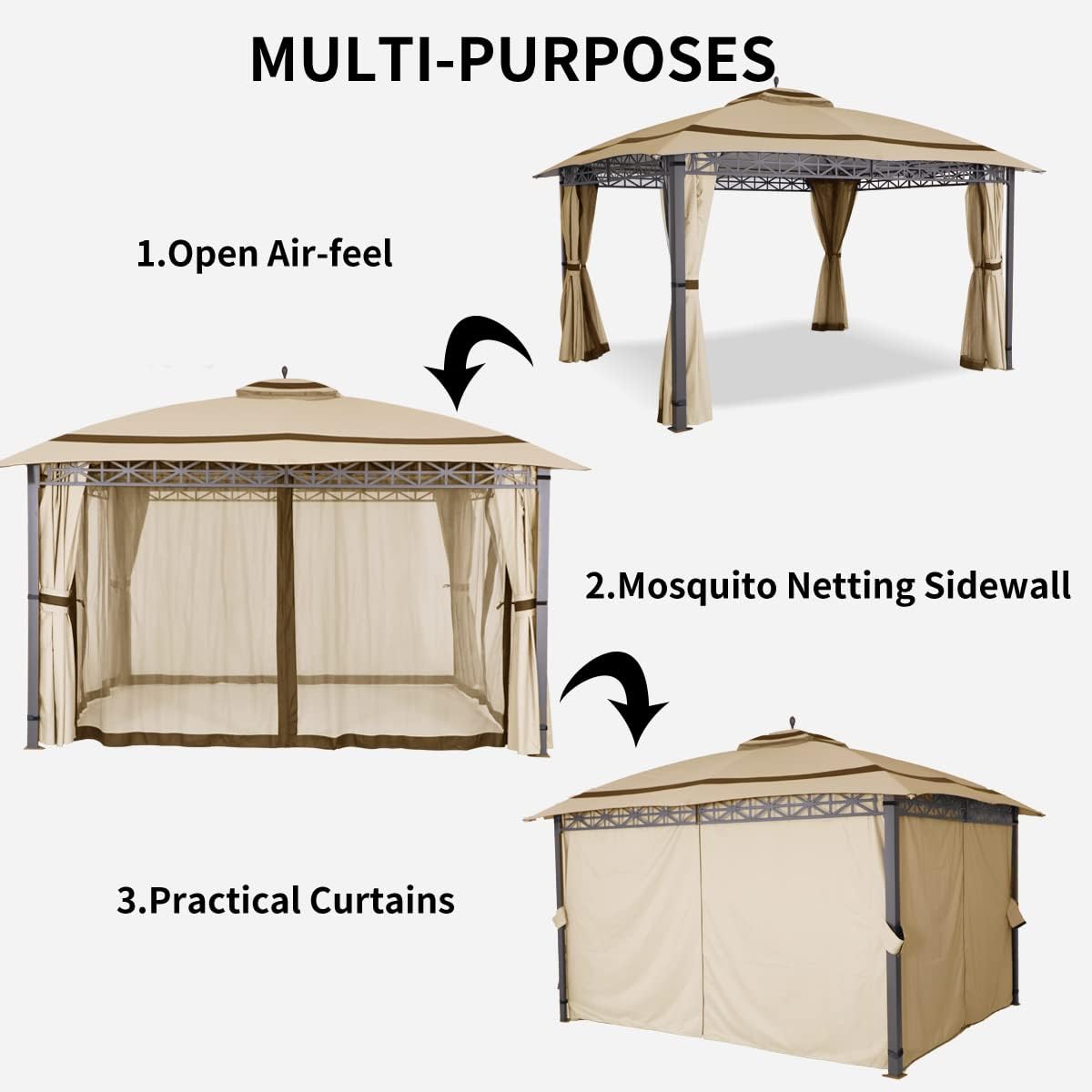 Three images showing the gazebo in different configurations: open-air, with mosquito netting, and with curtains closed.