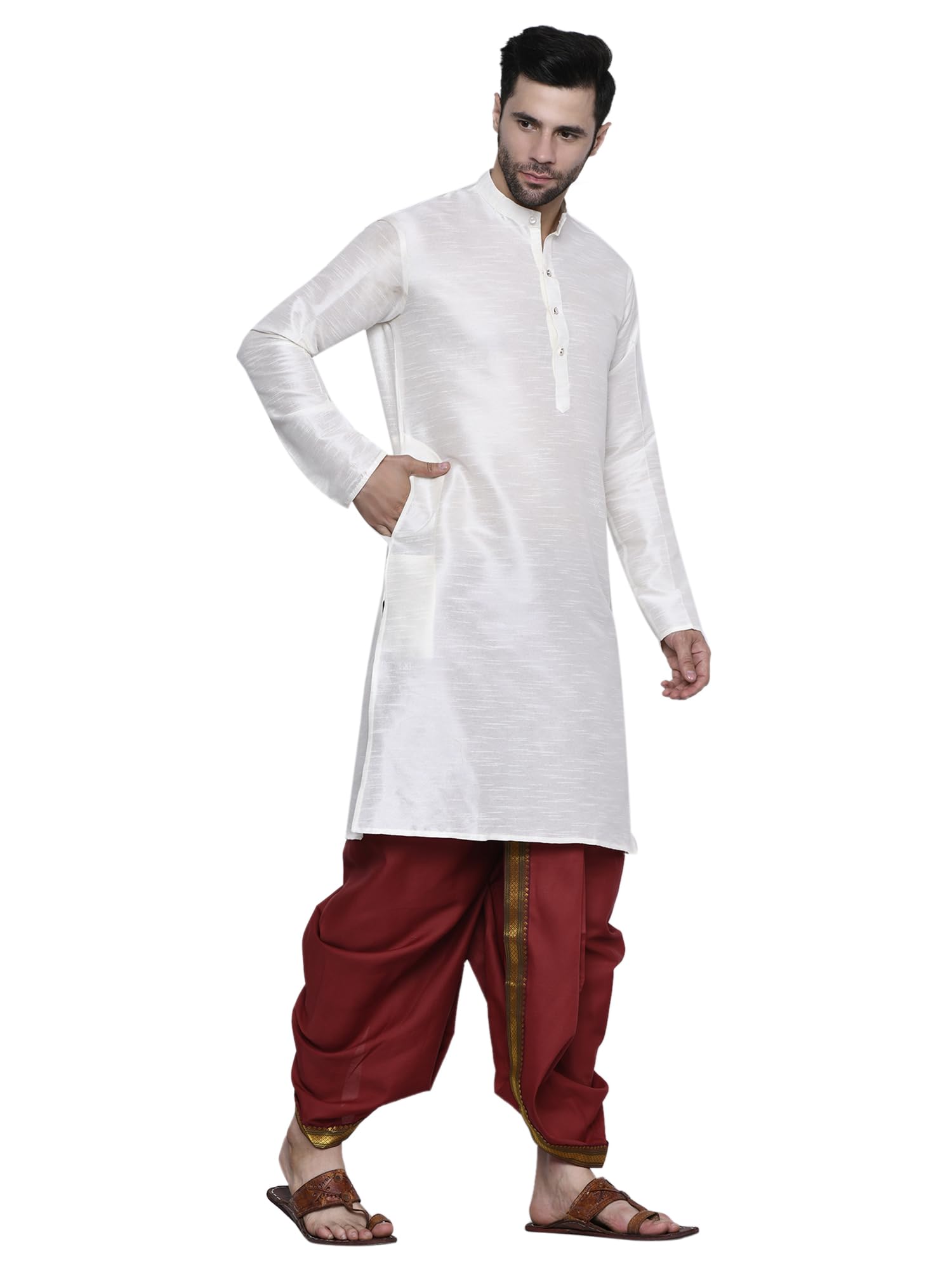 rameshwaram fabrics Readymade Dhoti for men with Silk Kurta Set, Suitable for Pooja, Festival (44 XXL, Cream-Maroon)-picture-37