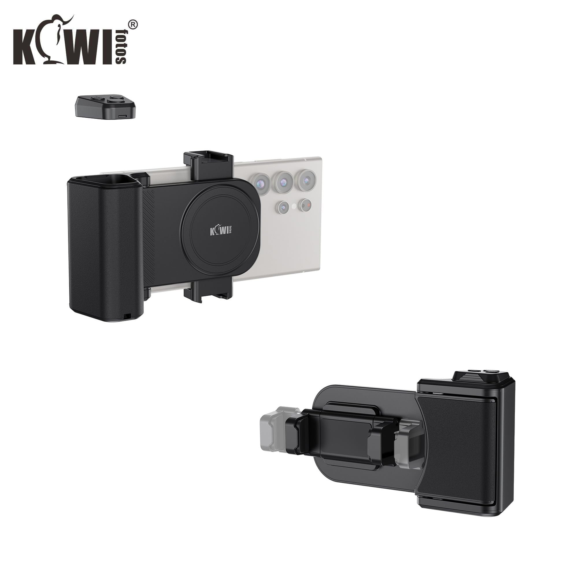 KIWIFOTOS Impugnatura Grande Smartphone Grip con Wireless Telecomando Bluetooth, Registrazione Vlogging Riprese per Telefoni Android e iOS Larghezza 59-85mm