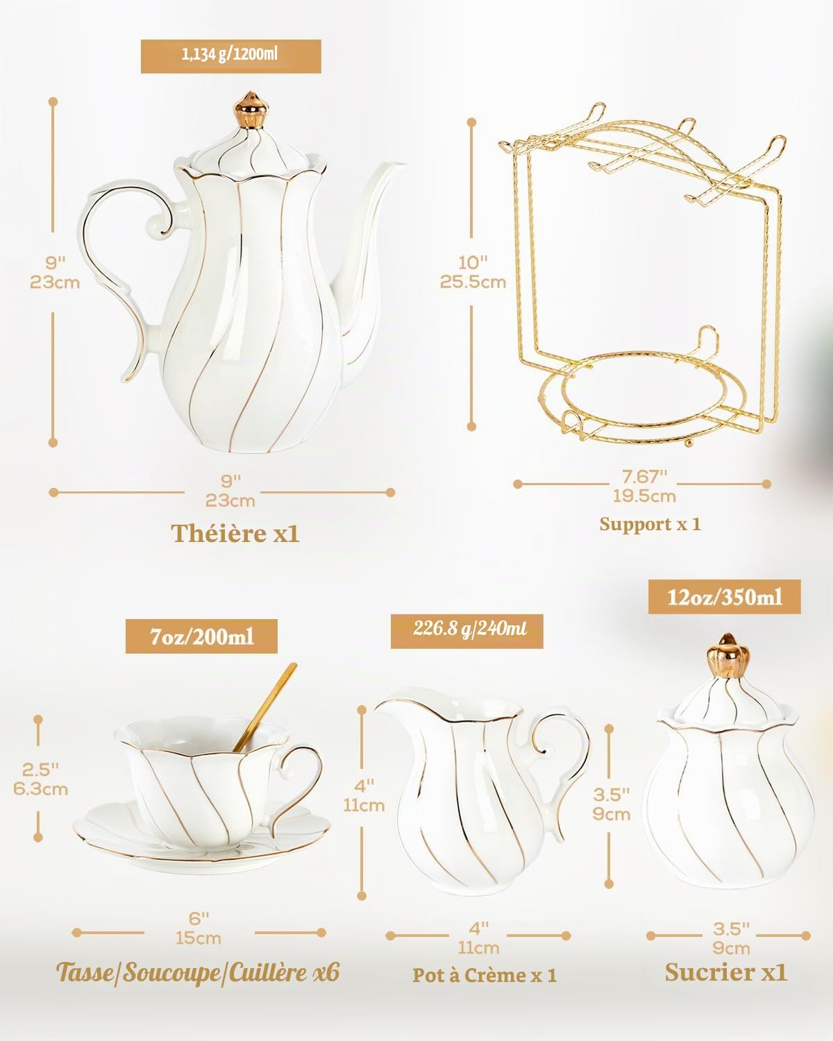 DUJUST Service à thé 22 pièces en porcelaine blanche pour 6 personnes, ensemble de tasses à thécafé de luxe de style britannique avec bordure dorée, beau service à thé pour femme, ensemble de thé,