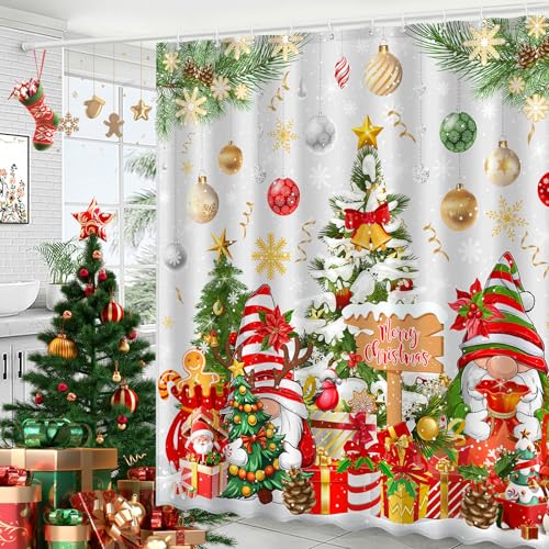 Image of Boho Shower Curtains for Bathroom Mid Century Minimalist Abstract Aesthetic Modern Bathroom Decor Curtain Machine Washable Waterproof Fabric with 12 Hooks (Christmas Gnome White, 72 inchW x 72 inchL)
