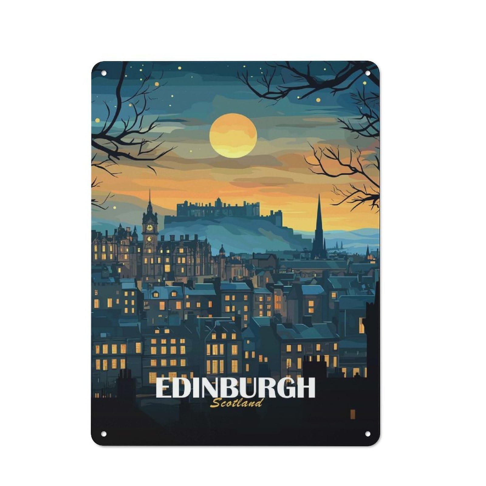 Junmoney Style-19 Edinburgh Scotland Nightscape Illustration Workshop Style Metal Wall Decor 40X30cm, Garage Metal Sign For Workshop, Basement, Shed Or Games Room