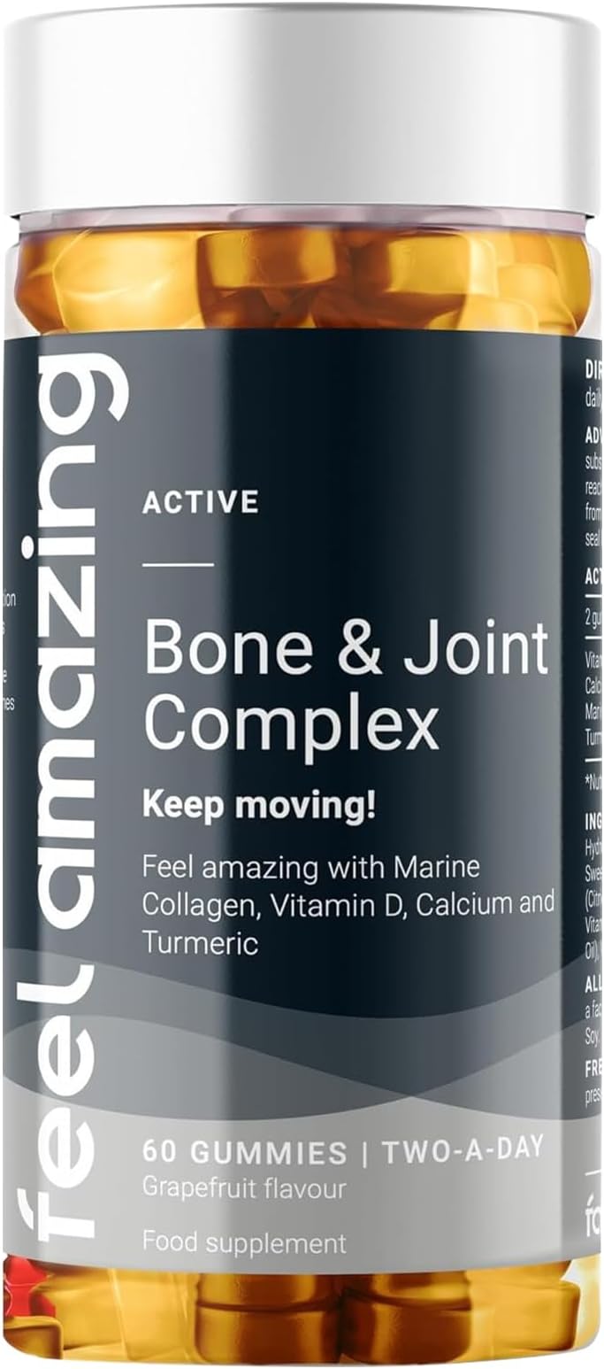 Feel Amazing Bone & Joint Complex Gummies - with Calcium, Vitamin D3 & Marine Collagen - 60 Grapefruit Flavoured Gummies - 1 Month Supply