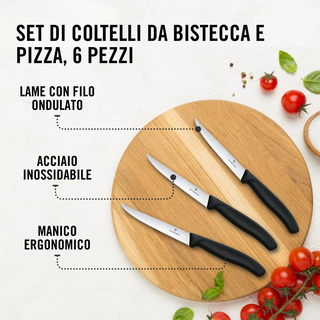 Victorinox Set di Coltelli Bistecca e Pizza Professionali Swiss Classic, 6 Pezzi, Coltelli da Tavola, Lame Affilate Ondulate, 11 cm, Manici in Plastica, Nero