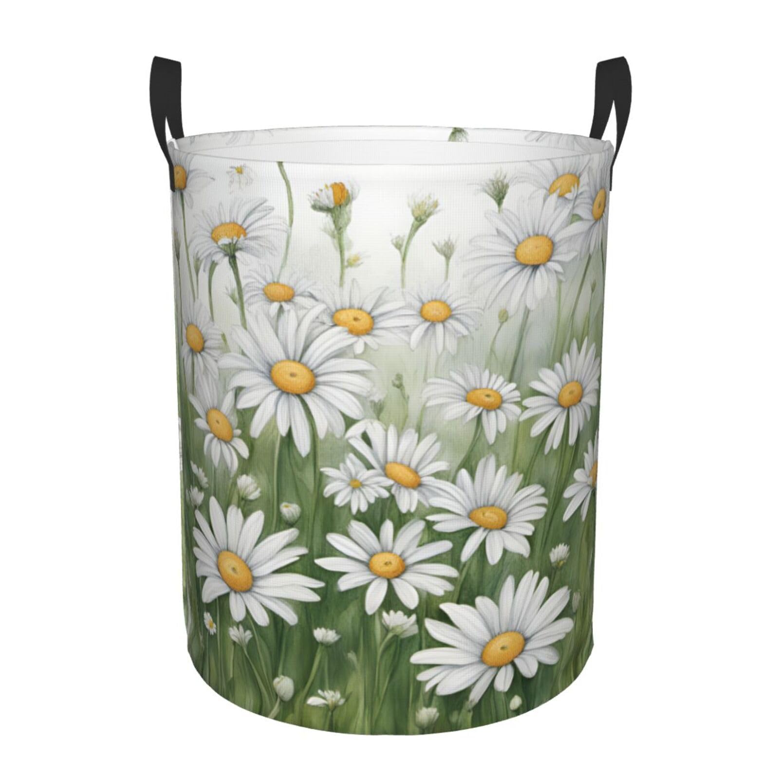 S Collapsible Laundry Hamper Round White Daisy Print Storage