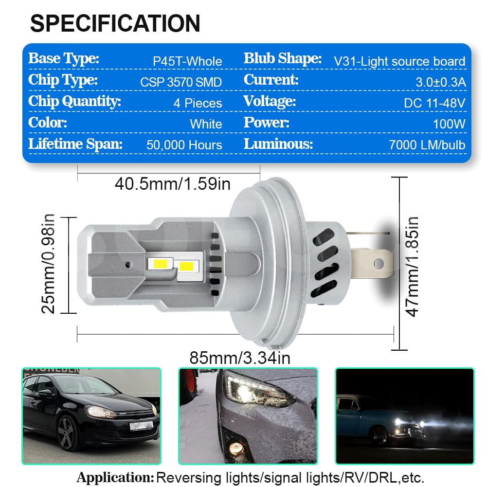 SOFOC-P45T 7000LM Ultra Brillante Ideal para Faros Antiniebla DC11-48V Largo/Corto Alcance Ventilador Integrado 4 Chips CSP Carcasa de Aluminio 1Pieza