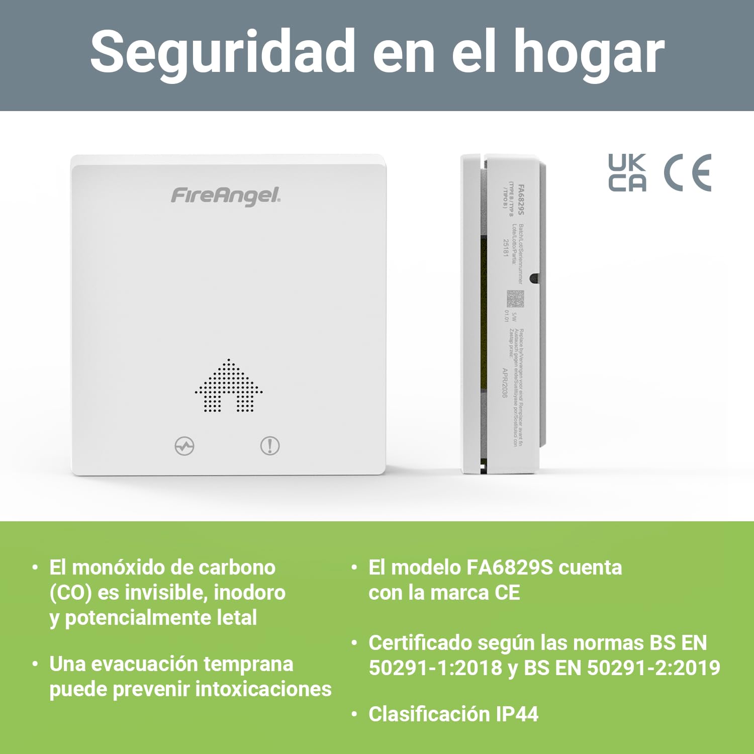 FireAngel FA6829S Detector de Monóxido de Carbono Ultra Delgado, Alarma de CO de 10 Años, Portátil, Alarmas de Monóxido de Carbono para Casa, Caravana, Furgoneta Camper - Blanco