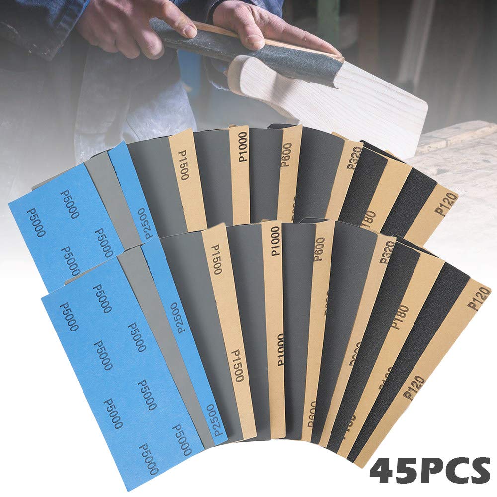 45 pièces papier abrasif sec humide 120 à 5000 grains assortiment feuilles de papier abrasif pour la finition de meubles en bois de ponçage automobile, comme le montrent