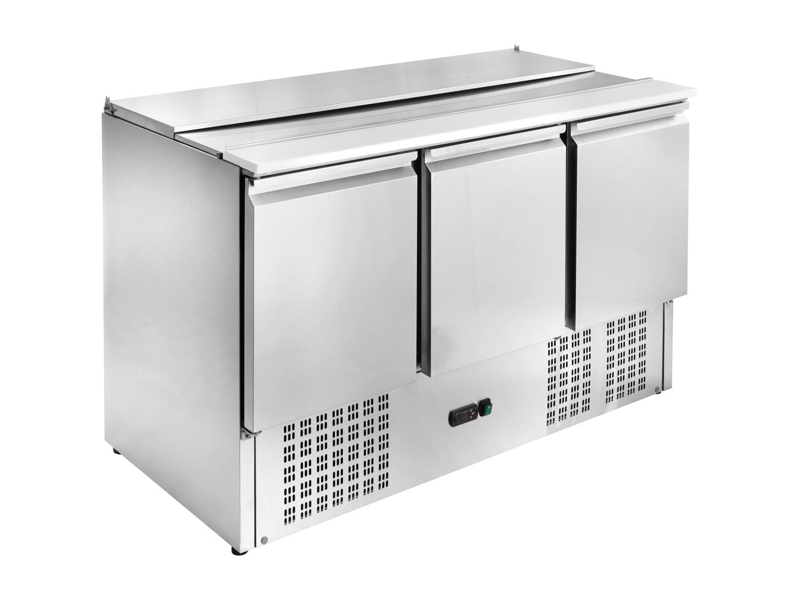 GastroHero Saladette 1370, 368 L, 3 Türen, 3 Böden, Edelstahl SH903 | Fixierbarer Klappdeckel, mit Kunststoffschneidebrett, Platz für 4 x 1/1 GN Behälter, 2 bis +8°C