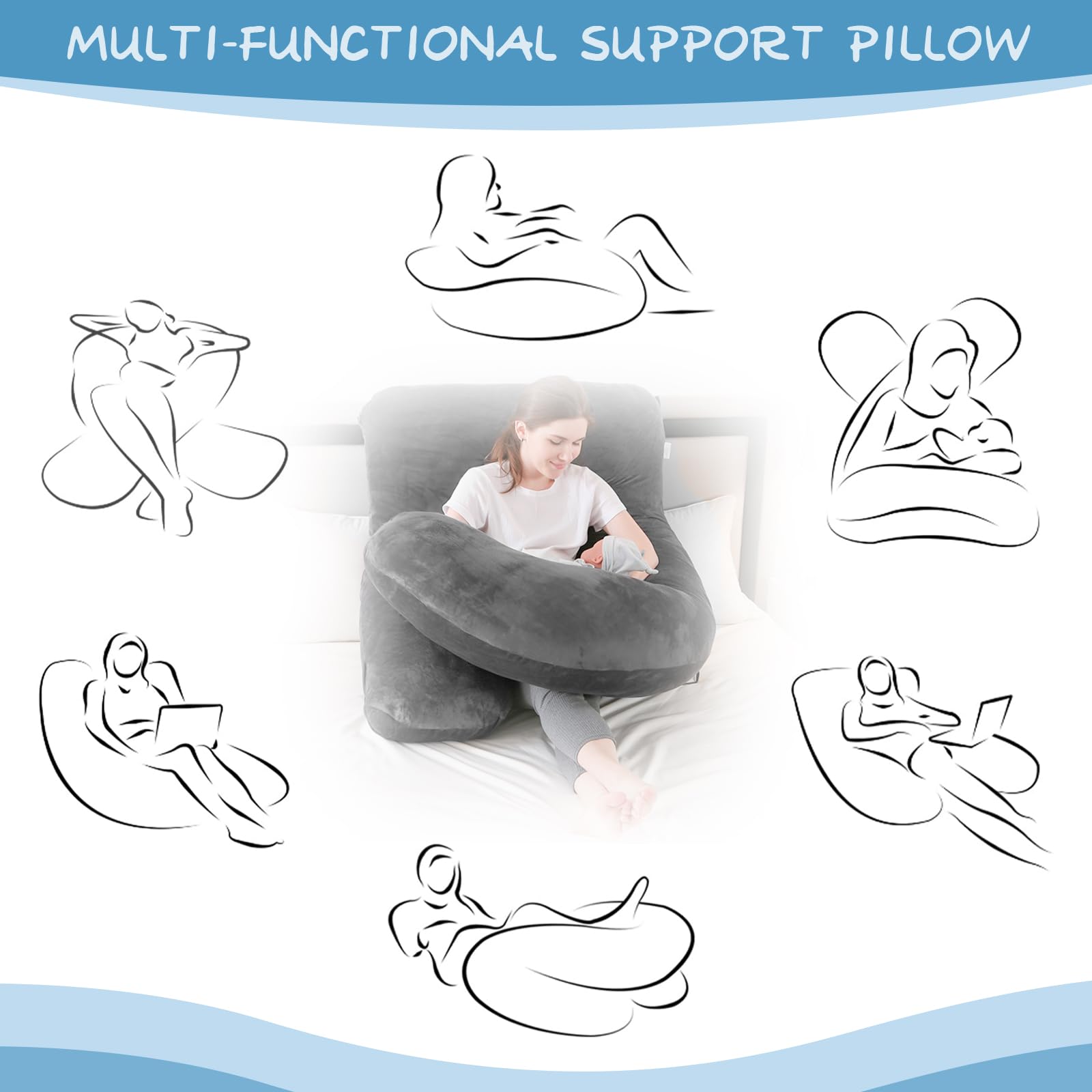 Coussin de Grossesse - Oreiller de Grossesse pour Femme Enceinte en Forme de J pour Dormir - Coussin d'allaitement et Coussin de Maternité avec Housse Lavable - Velours(Gris foncé)