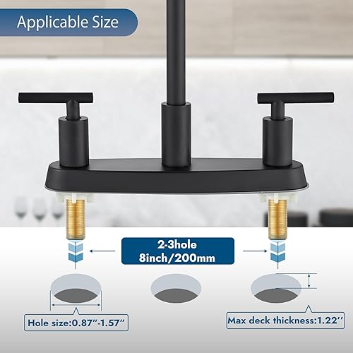 Miniatura 3 de Grifos de cocina para fregadero de 3 agujeros, arco alto con boquilla giratoria de 360, grifo de fregadero de cocina de 2 manijas de 8 pulgadas con