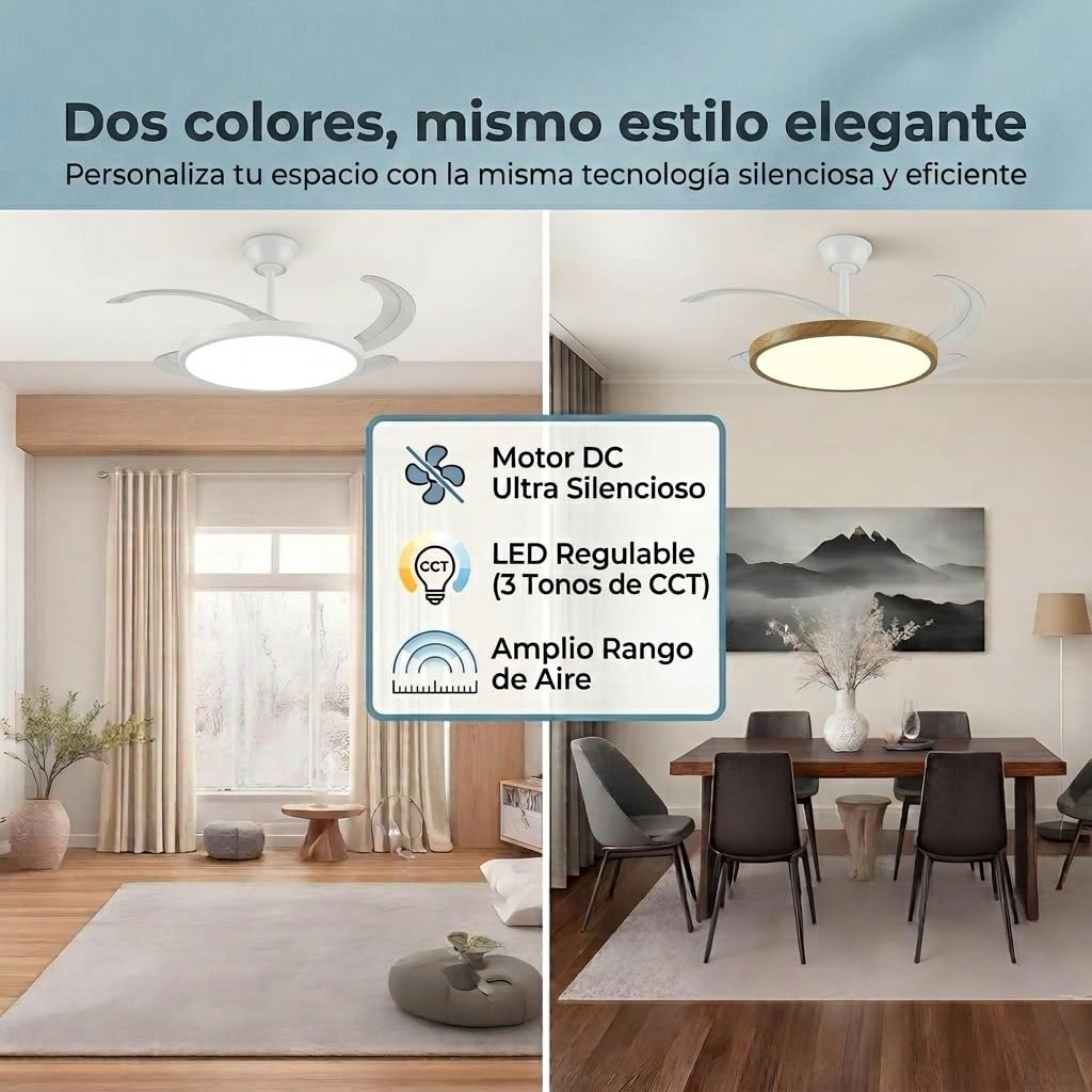 Lampara Techo con Ventilador | Ventilador Retractil Techo Silencioso | Aspas Plegables y Motor DC 30W Potente, 6 velocidades, Función Verano Invierno con temporizador | Luz LED 40W dimable (Madera)