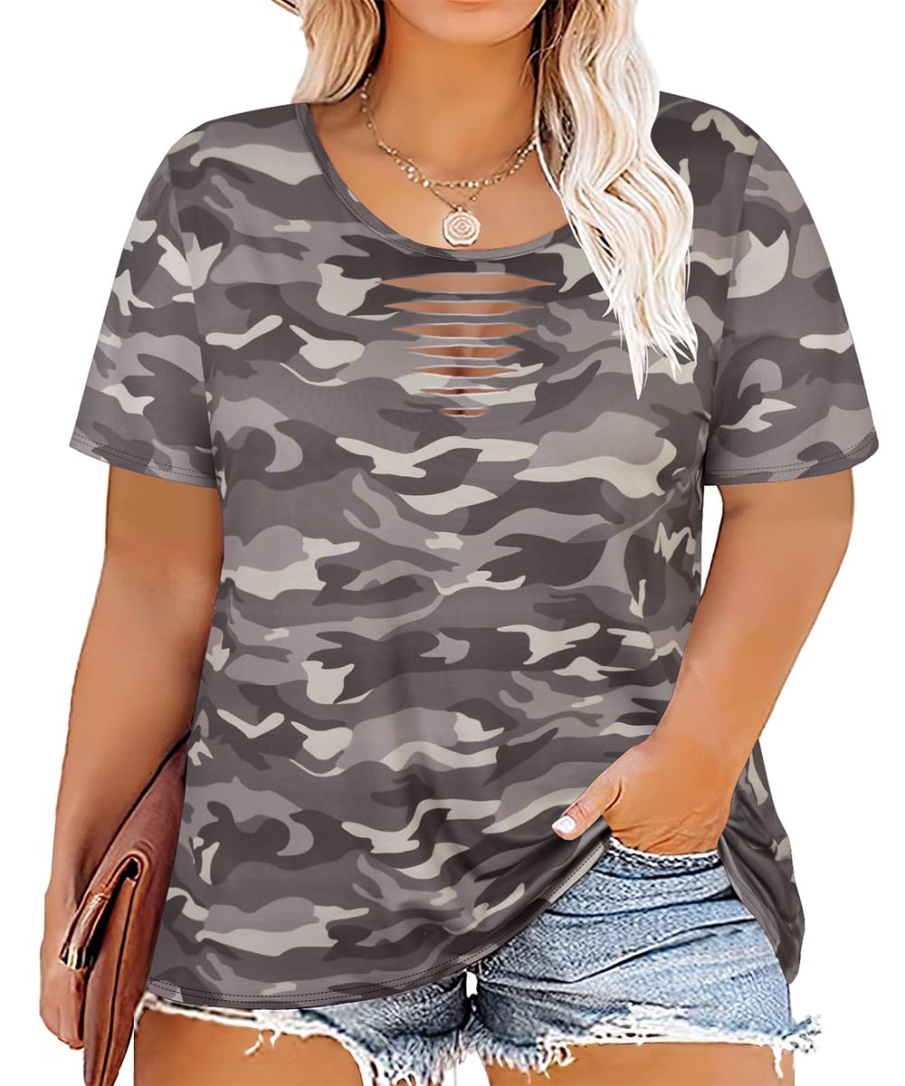 CARCOS Plus Size Tops for Women Short Sleeve Shirts Basic Tee Solid Color Blouse V Neck Tunic Loose Fit Tshirts Summer XL-5XL
