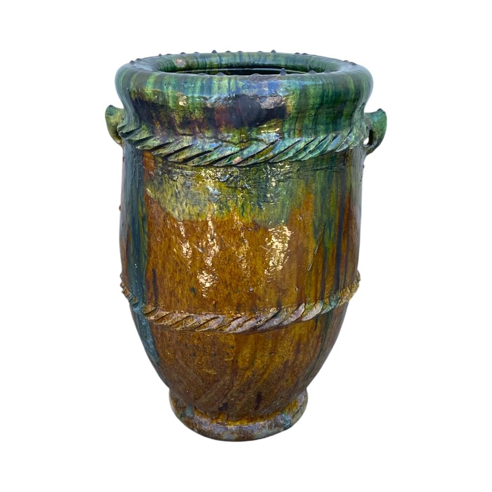 Marokkanische Vase Tamegroute, Amphore, handgefertigt, aus Keramik, Grün und Ocker, 38 x 38 x 62 cm