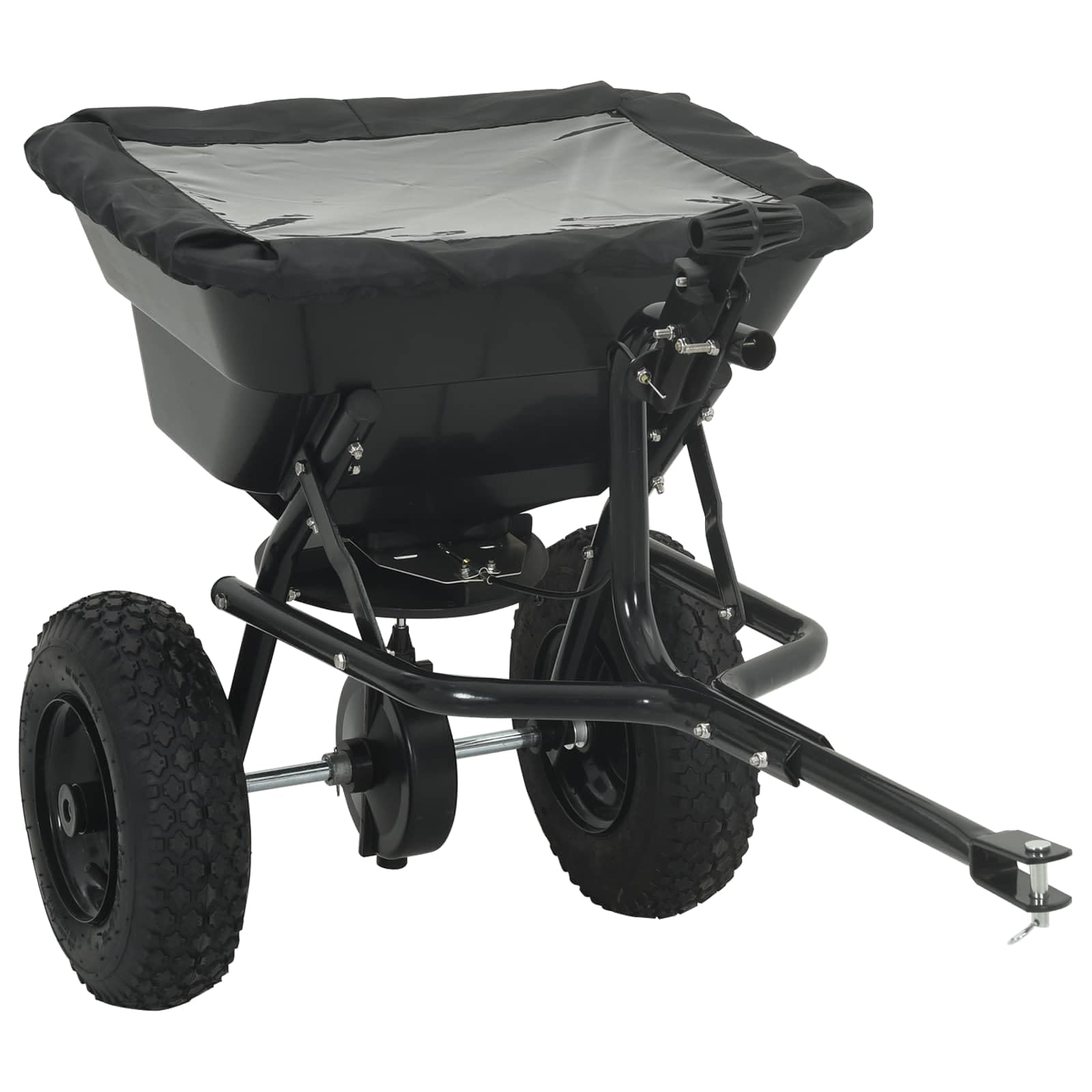 Épandeur noir en PVC robuste et acier 53 x 108 x 74 cm, épandeur manuel ergonomique pour l'entretien de la pelouse, les graines et les engrais, compact et réglable pour jardin, trottoirs et