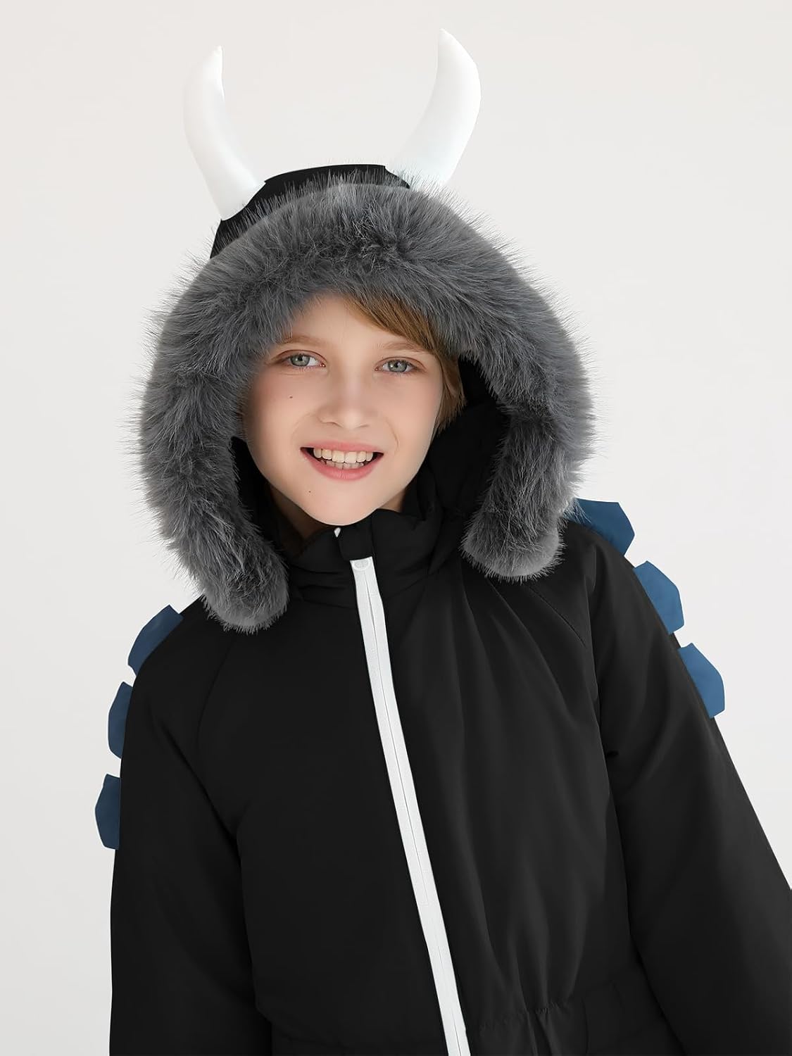Haloumoning Boys One Piece Dinosaur Snowsuits Kids Hooded Waterproof Winter Outdoor Overalls Snowboarding Ski Suits 5-14Y