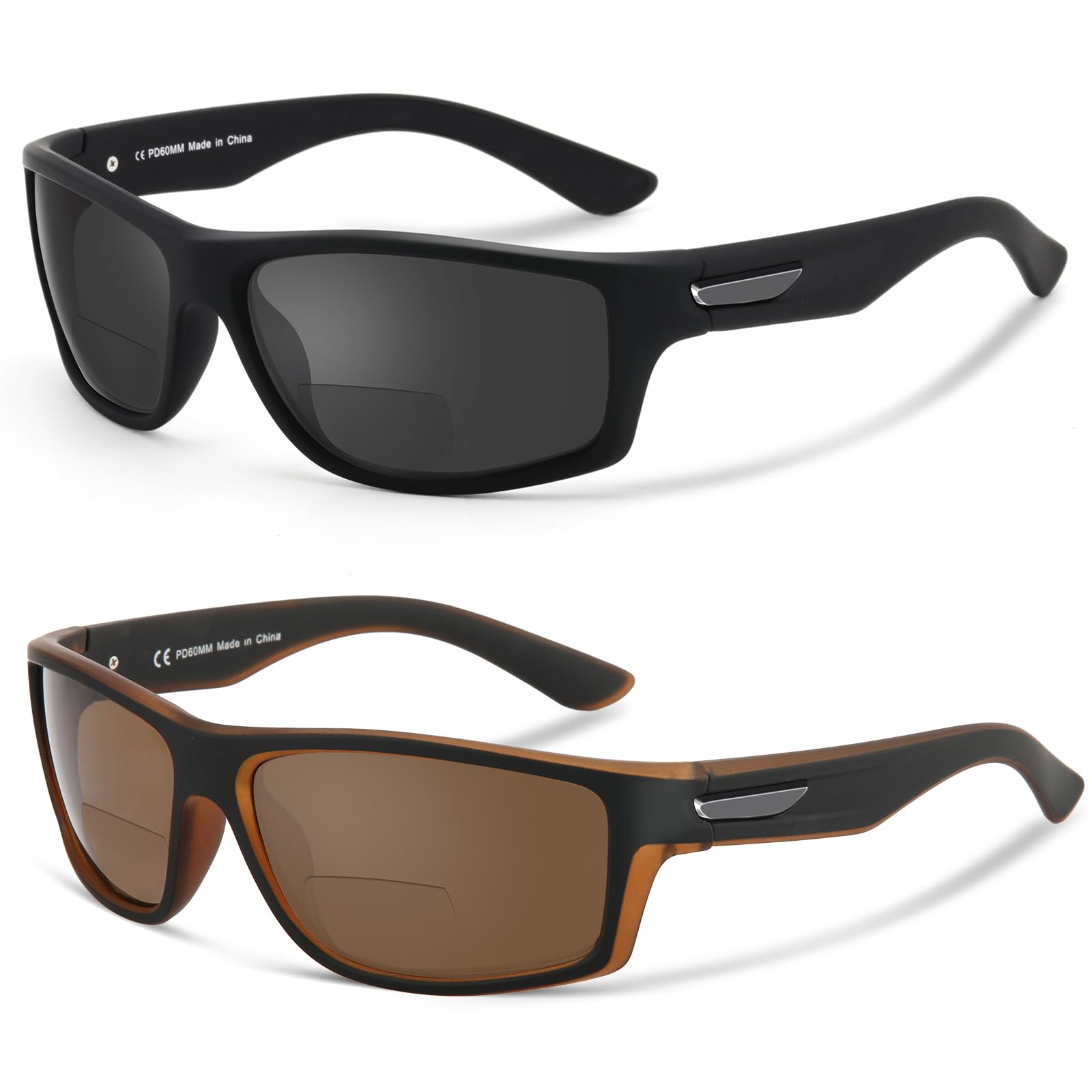 Photo 1 of Missfive 2-Pack Mens Ultimate Bifocal Sunglasses with Readers Built In Sporty Upgraded Wrap Frame, UV400 Protection Driving & Reading Glasses for Outdoor +1.75 (Dark/Brown)
