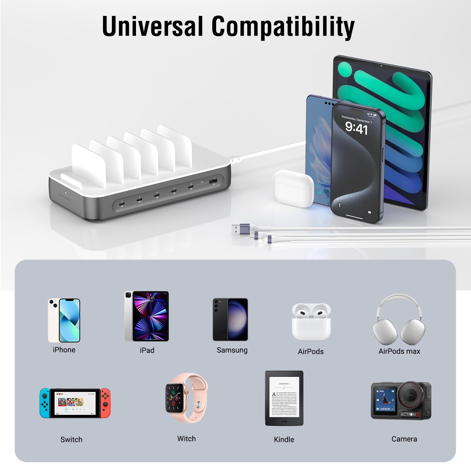 Station De Charge 4smarts Team 100W – 5 Ports USB-C + 1 USB-A, Câbles Inclus (25 Cm), Charge Rapide 20W, Pour Smartphones Et Tablettes