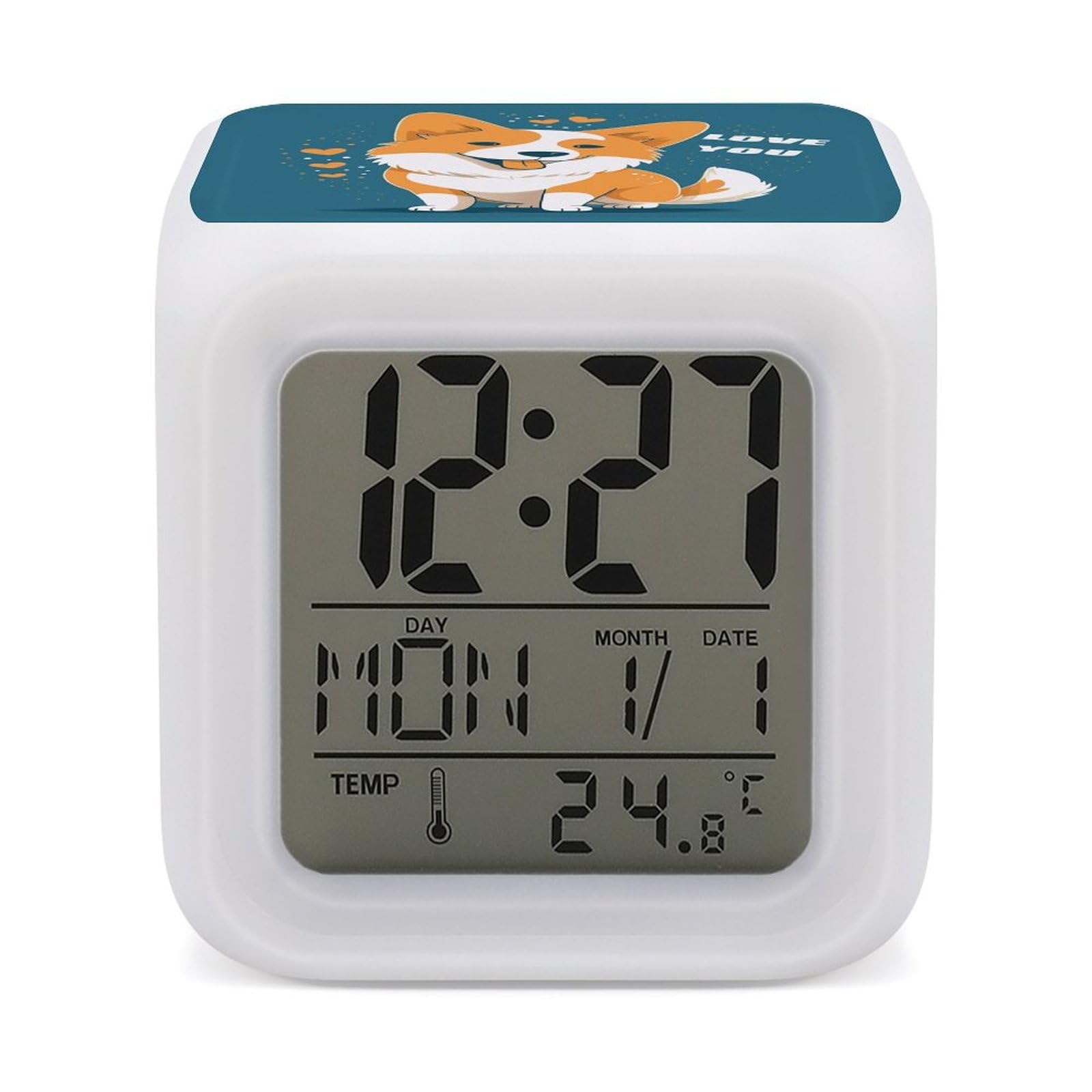 JTREHY 7 Color Changing LED Digital Alarm Clock,Corgi I Love You Printed Wake-up Clock with Temperature Display Home Decoration Alarm Clock for Bedroom Office