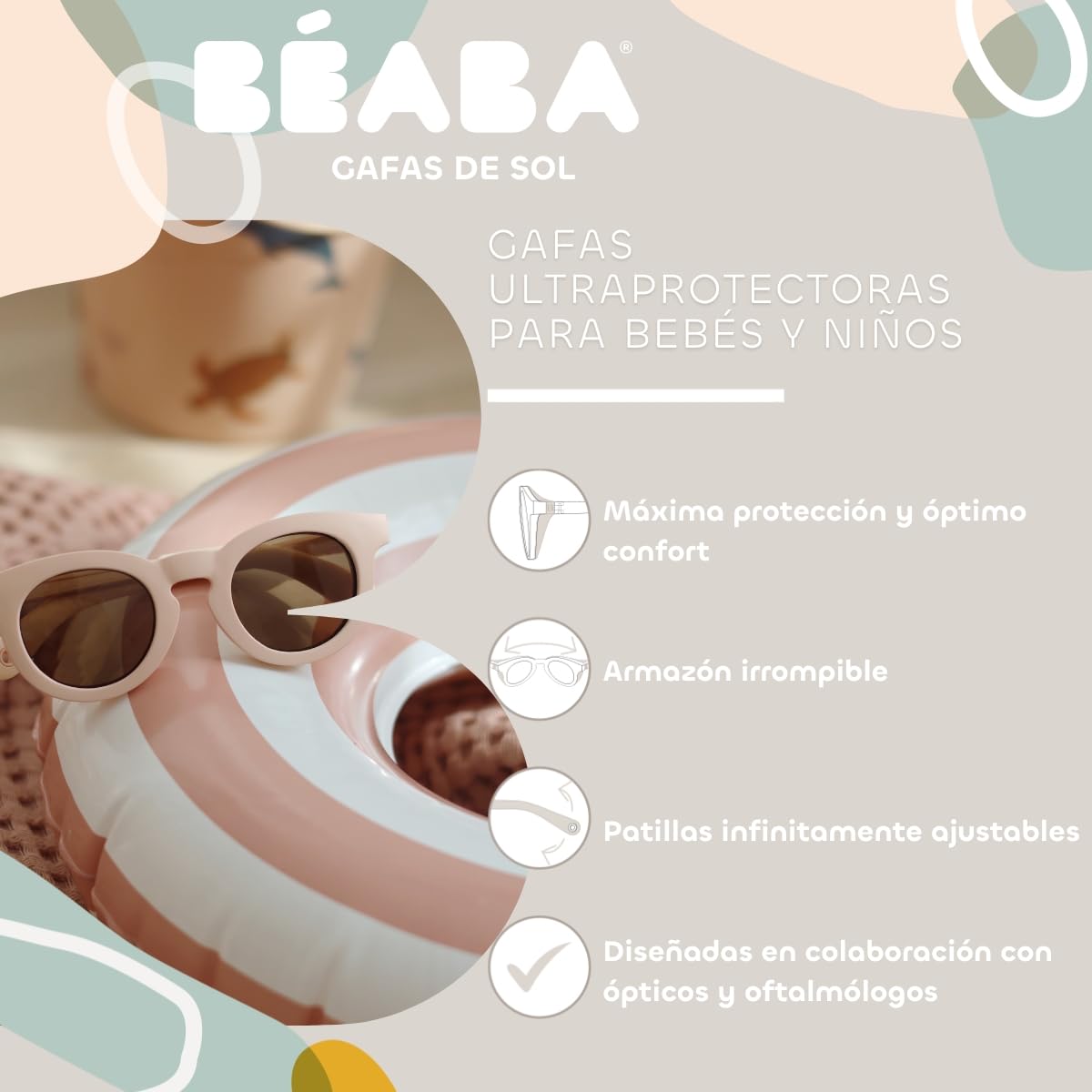 BÉABA, Gafas de Sol para Bebé 9-24 Meses, Protección 100% UV - CAT 3, Protección Lateral, Confort Óptimo, Patillas Ajustables 360°, Adaptables a la Vista, Colección Retro Delight Blush