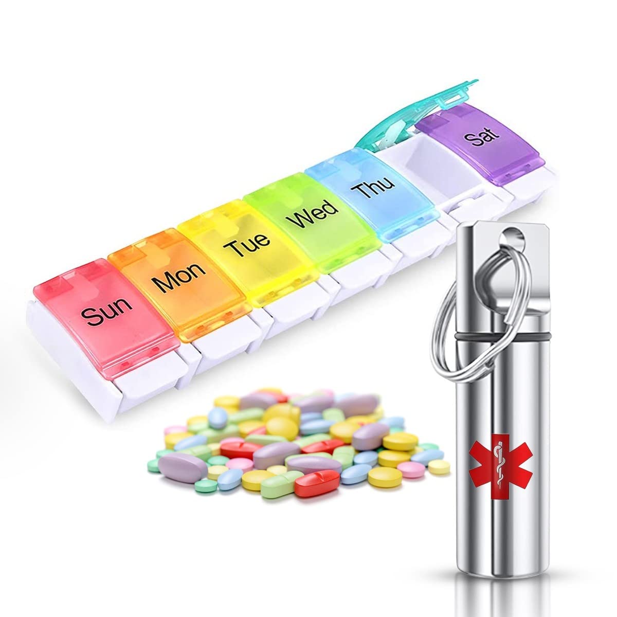 GOU 7 Day / 1 Week Rainbow Pill Organizer Box AND Silver Metal Pocket-Friendly/Moisture/Waterproof 1 day pill box for Pills/Vitamin/Fish Oil/Supplements