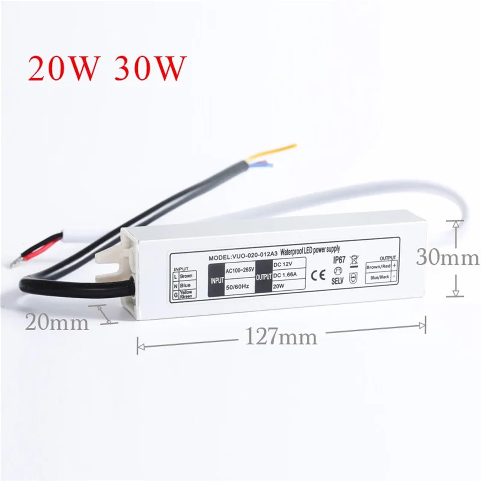 Adapter sterownika LED Slim IP67, transformator mocy oświetlenia 6 W, 12 W, 15 W, 20 W, 30 W, 40 W, 50 W, 60 W, 12 V, 24 V, złącze wewnętrzne i zewnętrzne (20 W, IP67,12 V)