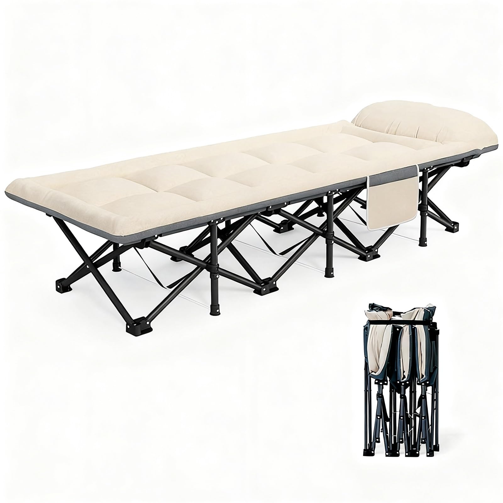 Brandina da Campeggio con Materasso, Lettino da Campeggio con Tasche Laterali, Supporto Robusto Fino a 400 Libbre, Nessuna Installazione, Letto Pieghevole Leggero e Confortevole