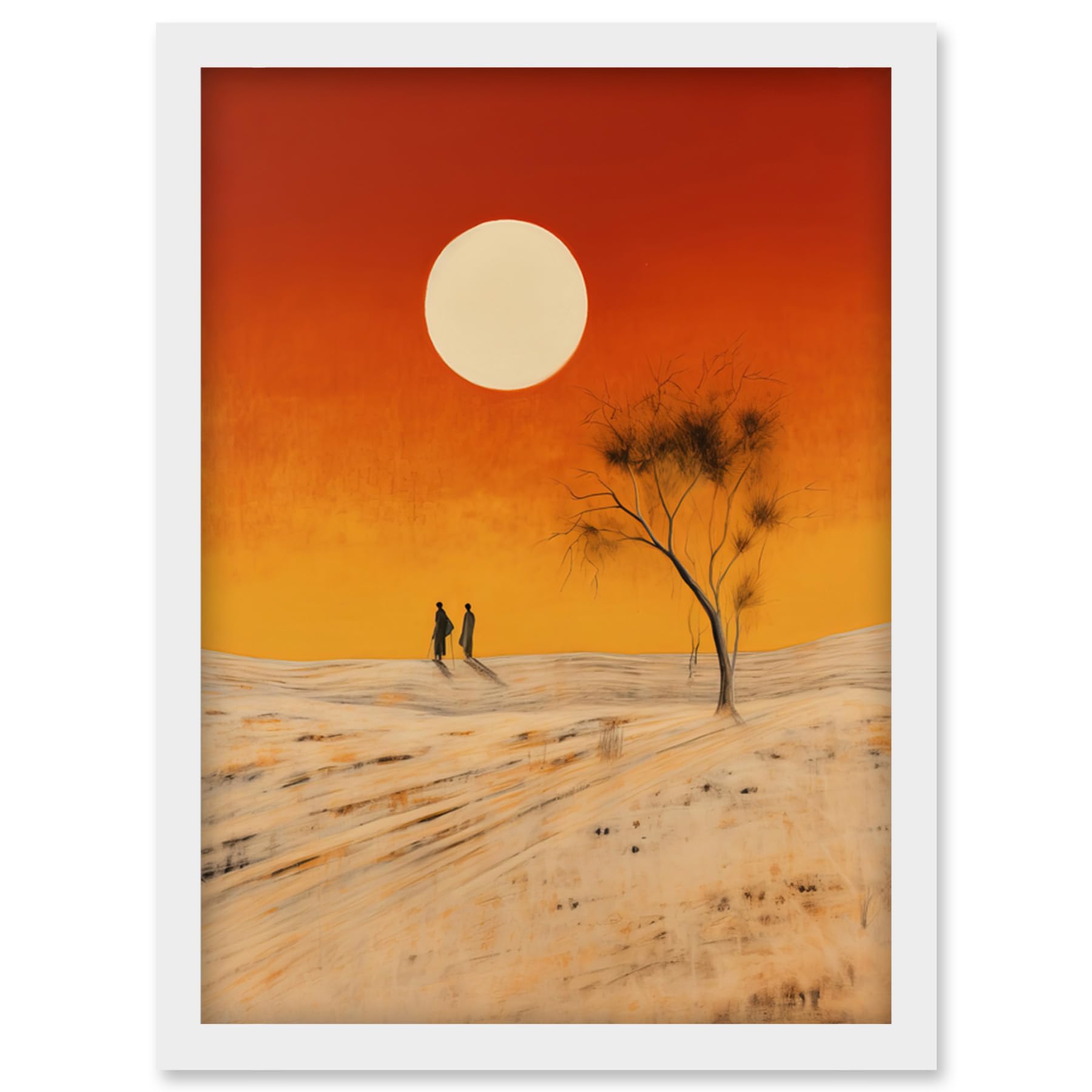 A4 Desert Landscape Sunset Oil Painting - Amber Orange Yellow Windswept Dunes Artwork - Artery8