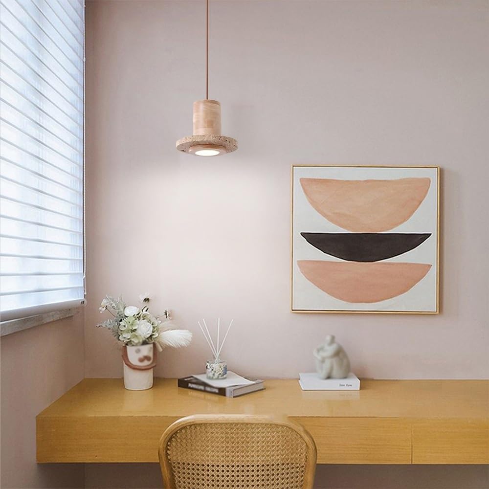 Jadssox Drewniana Lampa Wisząca Wabi-Sabi Z Japońskiego Trawertynu, Lampa Wisząca LED Do Kuchni, Wyspa Kuchenna, Lampy Sufitowe 7,9", Drewniane Lampy Wiszące Do Kawiarni I Restauracji(Wood color)