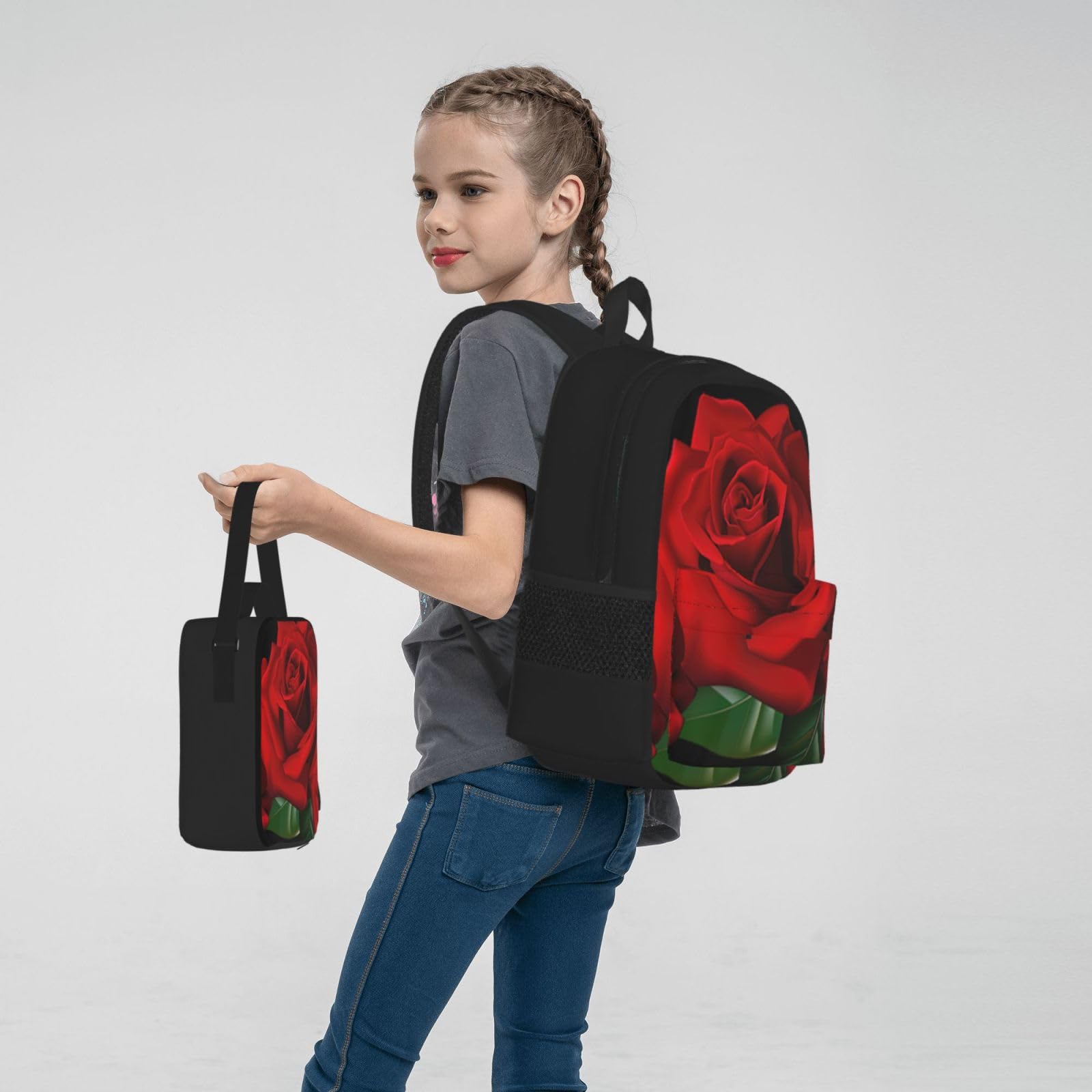 3-częściowy zestaw plecaka szkolnego z gotycką różą, wodoodporny plecak na laptopa o dużej pojemności, z izolowaną torbą na lunch i piórnikiem dla młodzieży gimnazjalnej i przyborów szkolnych
