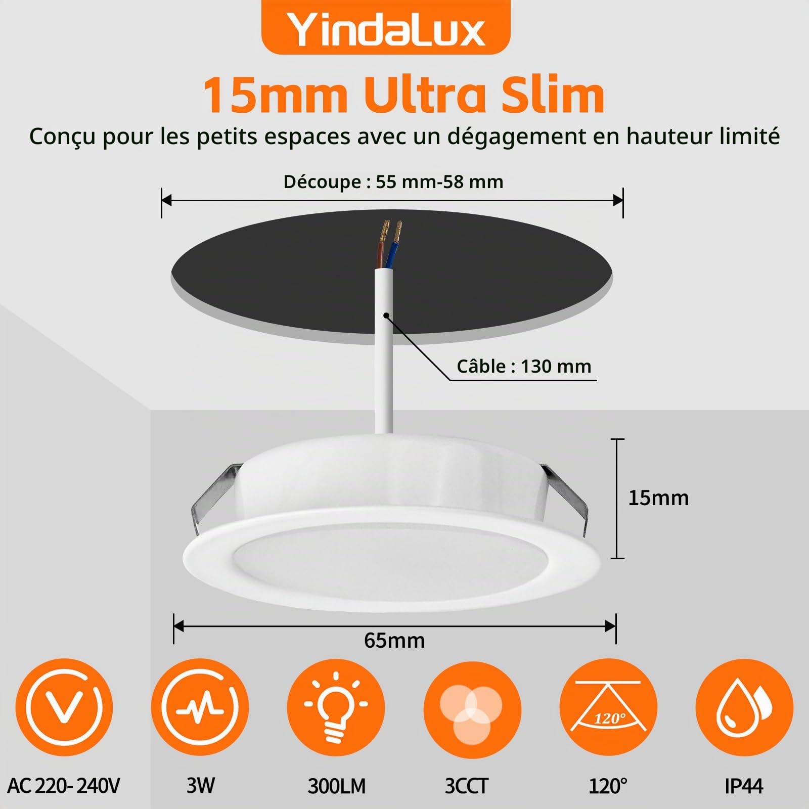 Spot LED Encastrable 230V 3W 3CCT IP44 Spotsplafond 55-58mm 6PCS Blanc